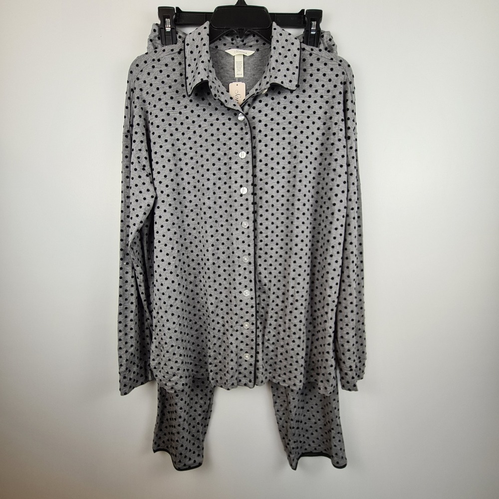Soma Cool Nights Pajama Set Gray Black Polka Dot Top M Bottom S NEW Soft READ
